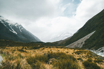Fototapeta premium Mountains landscape with lush meadows, snow-capped peak and cloudy sky at Mount Cook, New Zealand