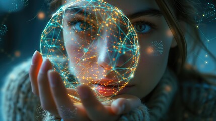 Young caucasian woman or a girl holding a futuristic glowing virtual ball of global network wireless connection digital technology symbol or Internet communication - Powered by Adobe