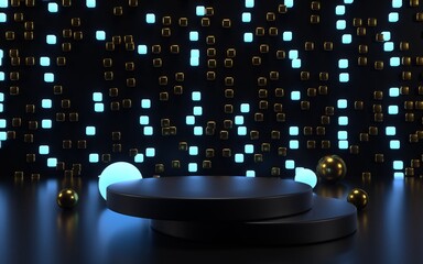 Abstract 3d dark round podium with glowing cubes background for product display.