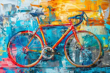 Vibrant painting of a bike with colorful wheels resting against a wall