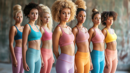 Several young female models wearing colorful yoga pants and sport top. - obrazy, fototapety, plakaty