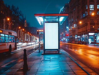 Blank white vertical advertising banner billboard stand on the sidewalk at night.