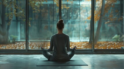 Young woman is meditating in stylish minimalistic environment. Luxury interior. The concept of health care, yoga and relaxation. Ai-generated.