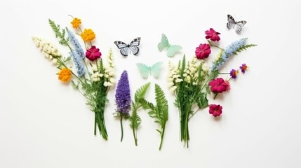 Group of Flowers and Butterflies on White Background