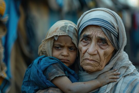 An elderly Indian woman and a poor Indian child were featured in Mother Teresa's Mercy and Charitable Mission to highlight the gap between hardship and pity.