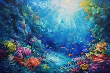 Fototapeta na wymiar Vibrant underwater scene with sunbeams filtering through, highlighting diverse coral and fish.
