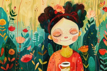 Illustration of a joyful girl with closed eyes, savoring a moment among vibrant wildflowers.