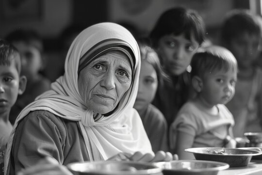 An elderly Indian woman and a poor Indian child were featured in Mother Teresa's Mercy and Charitable Mission to highlight the gap between hardship and pity.