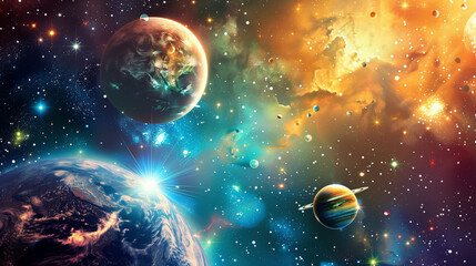 Colorful space with planet background  - obrazy, fototapety, plakaty