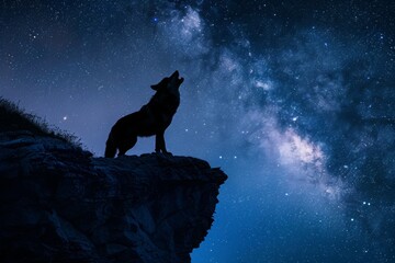 Silhouette of Wolf Howling under Starry Night Sky