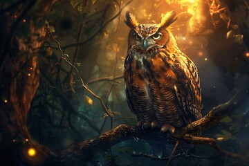 an owl sitting on a branch - obrazy, fototapety, plakaty