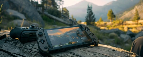 A compact travelfriendly gaming console with cloud gaming support shown ready for action in various outdoor and onthego settings - obrazy, fototapety, plakaty