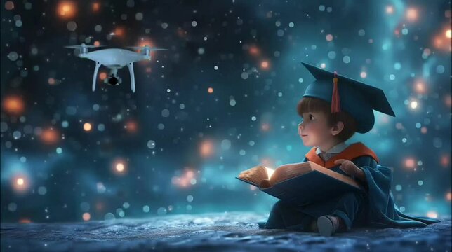 Scholar kid holding big book with a drone in space. Seamless looping time-lapse 4k video animation background