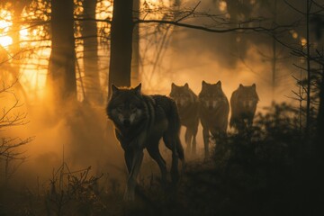 Pack of Wolves in Misty Forest at Dawn