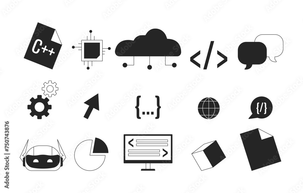 Poster mobile app development black and white 2d line cartoon objects set. software testing technology isol