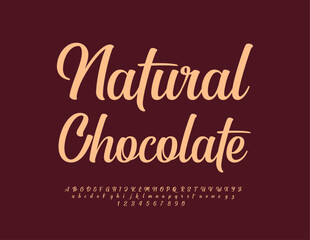 Vector delicious logo Natural Chocolate. Stylish Cursive Font. Elegant Alphabet Letters and Numbers set.