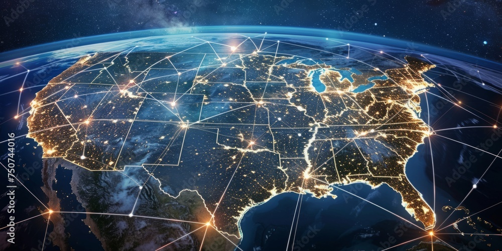 Poster the image shows the united states with network connected to the globe in the background generative a