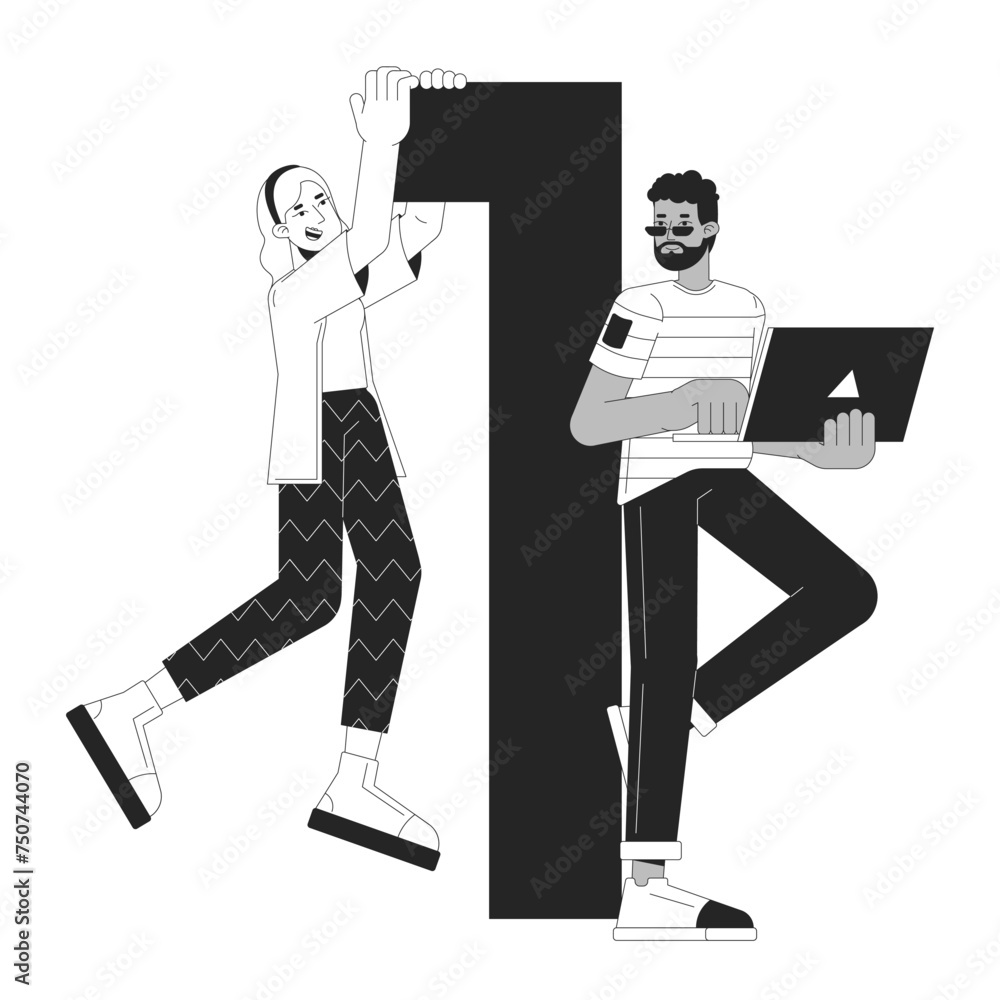 Poster software development team black and white 2d line cartoon characters. programmers colleagues with di