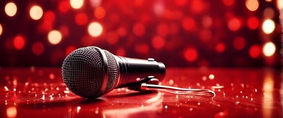 Microphone on red shiny background with copy space to celebrate Holidays New year and Christmas. Karaoke microphone. World Press Freedom Day May 3 - obrazy, fototapety, plakaty