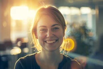 35 year old British woman smiling and looking in the camera before a blurred office with yellow lens flare at background right side, daylight natural light