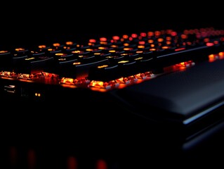A mechanical keyboard with customizable LED lighting captured from an angle that highlights its sleek design and precision keys