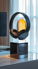 A noisecancelling headset with crystalclear sound quality showcased on a minimalist stand with a holographic display