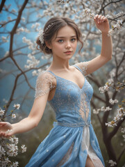 beautiful girl dancing in blossom tree garden - 750744233