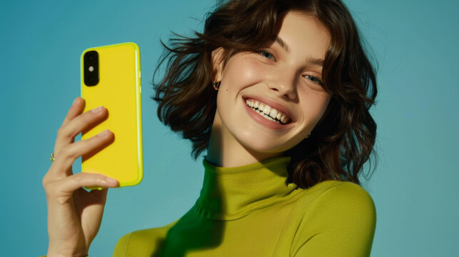 joyful woman with a bright smile, holding a yellow smartphone in her hands.