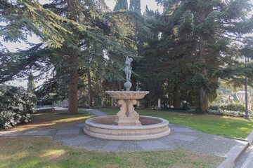 Sights, sculptures, nature and animals of the Aivazovskoye Park in the village of Partenit. Crimea, Russia, 25.02.2024