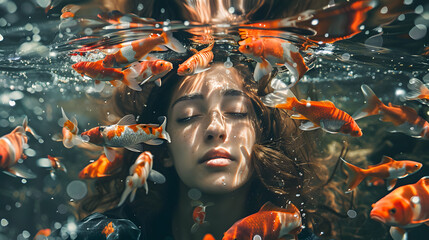 A portrait of woman close the eye underwater with koi fish.