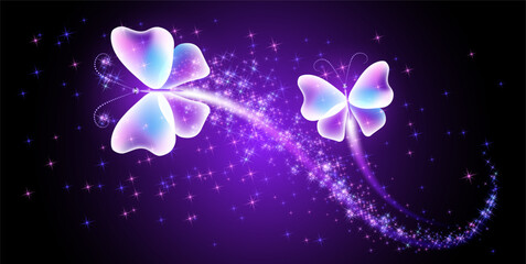 Magic butterflies with fantasy sparkle and blazing trail and glowing stars on night background