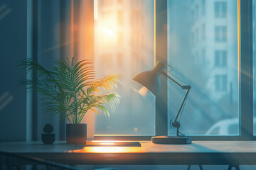A minimalist workspace with a single desk facing a large window, featuring a potted plant and a stylish lamp.