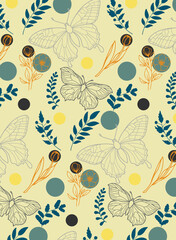  Seamless pattern with butterflies and flowers on the yellow background