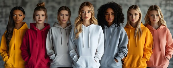 Young woman wearing a blank hoodie mockup A diverse group of young women modeling blank hoodies showcasing the garments universal appeal. Concept Fashion, Clothing, Diversity, Young Women