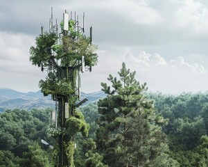 Obraz premium Smart cell towers integrated into the environment with adaptive camouflaging technology to blend with natural landscapes