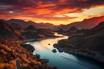 Aerial view of a massive dam holding back a large body of water against a backdrop of a colorful sunset. - Powered by Adobe