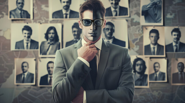 A businessman wearing a suit with face mask for faceless on portrait photo at the wall background.