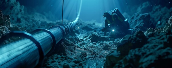 Underwater broadband cables being installed by AIcontrolled robots highlighting the depths of connectivity efforts - obrazy, fototapety, plakaty