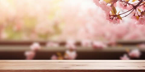 Wooden Table With Blurry Pink Flowers Background - obrazy, fototapety, plakaty