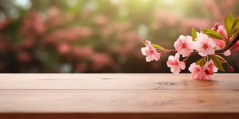 Pink Flowers Branch on Wooden Table