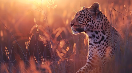 African leopard female pose in beautiful evening light. Amazing leopard in the nature habitat. Wildlife scene with dangerous beast. Hot weather in Africa. Panthera pardus. AI Generated.