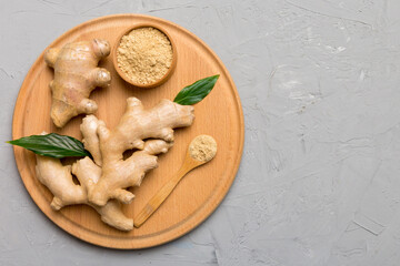 ginger on Cutting board table, top view. Space for text
