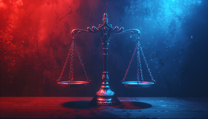 judicial conflict - a balance scale between red and blue sides - obrazy, fototapety, plakaty