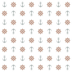 Simple nautical seamless pattern with anchors and steering wheels on white background. Summer sailing beach print repeat design. Marine journey motifs blender seamless pattern for shirt fabric print.