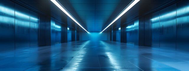 An empty space in underground area with blue light tone. Copyspace for text.