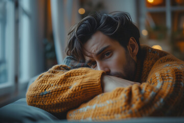man leaning on his arms sitting on a sofa and looking depressed.
