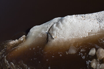 chunks of ice floating in the river on a sunny spring day