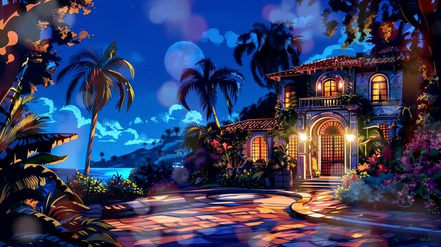 A charming Mexican hacienda with vibrant painted tiles and lush tropical gardens at night. Fantasy landscape anime or cartoon style, looping 4k video animation background
