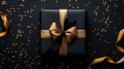 Black gift box on black background with ribbon bow with gold details