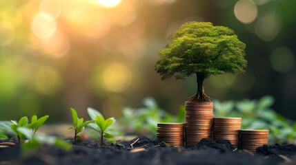 ESG small tree on stack coins idea for esg investment sustainable organizational development - obrazy, fototapety, plakaty
